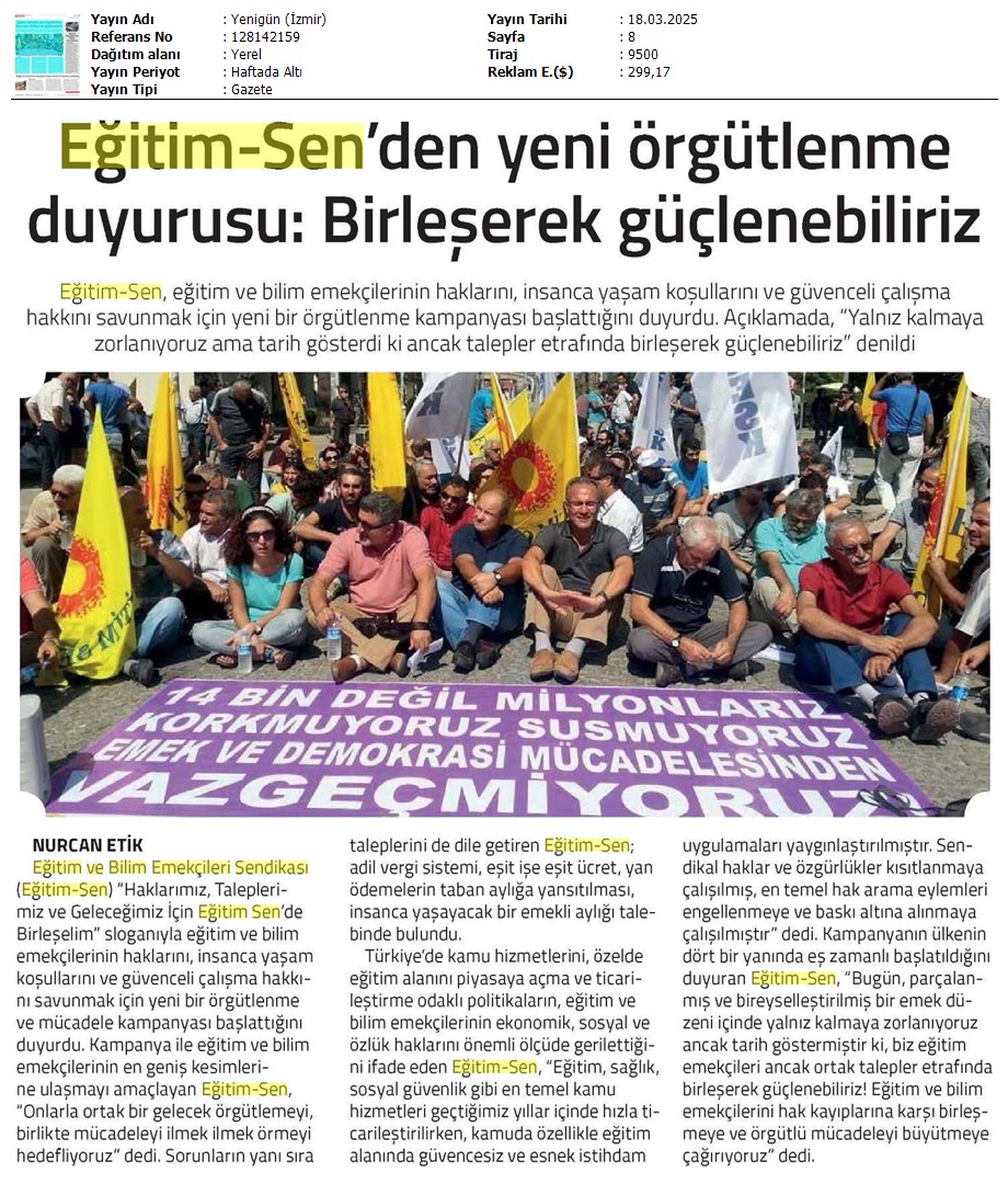 Eğitim Sen'den Yeni Örgütlenme Duyurusu: Birleşerek Güçlenebiliriz / Yenigün (İzmir)