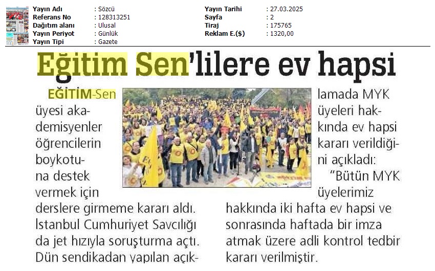 Eğitim Sen'lilere Ev Hapsi / Sözcü