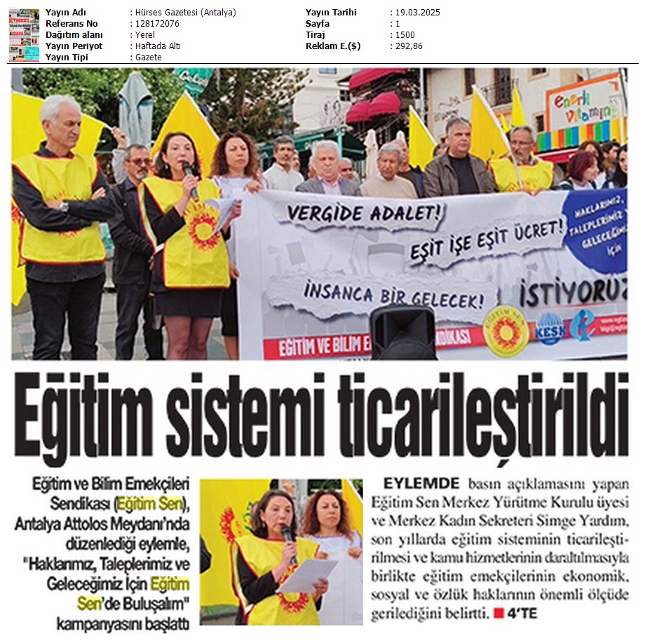 Eğitim Sistemi Ticarileştirildi / Hürses Gazetesi (Antalya)
