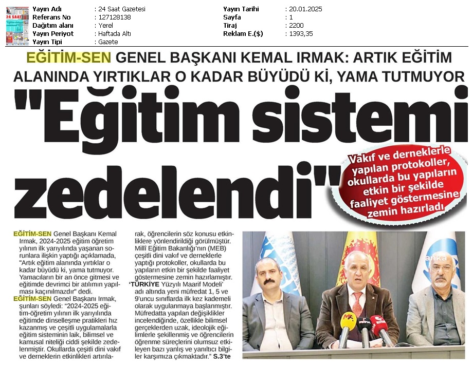 "Eğitim Sistemi Zedelendi" / 24 Saat Gazetesi