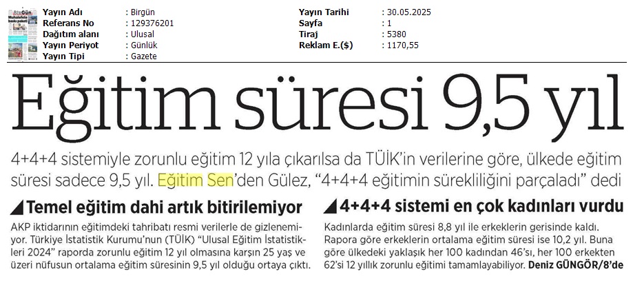 Eğitim Süresi 9,5 Yıl / Birgün