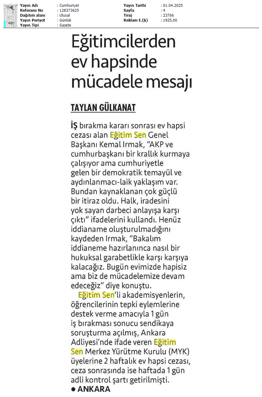 Eğitimcilerden Ev Hapsinde Mücadele Mesajı / Cumhuriyet