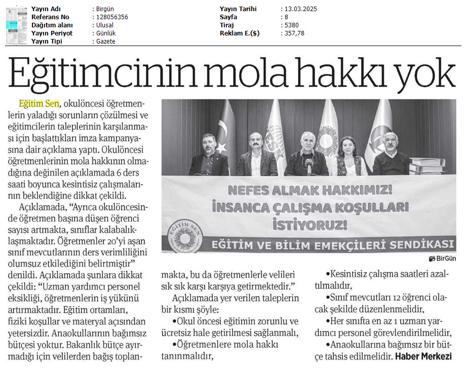 Eğitimcinin Mola Hakkı Yok / Birgün