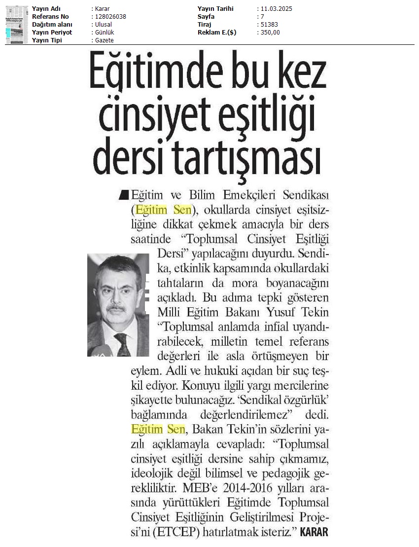 Eğitimde Bu Kez Cinsiyet Eşitliği Dersi Tartışması / Karar