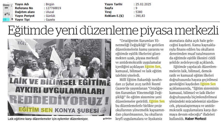 Eğitimde Yeni Düzenleme Piyasa Merkezli / Birgün