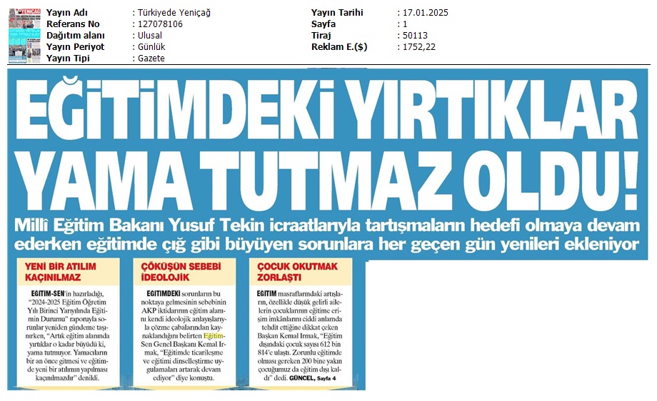 Eğitimdeki Yırtıklar Yama Tutmaz Oldu / Türkiye'de Yeniçağ