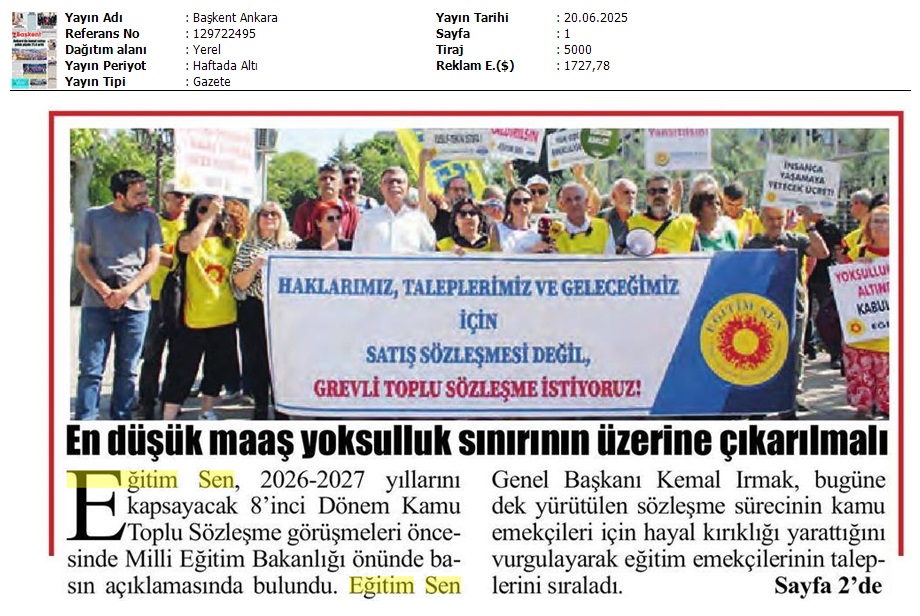 En Düşük Maaş Yoksulluk Sınırının Üzerine Çıkarılmalı / Başkent Ankara