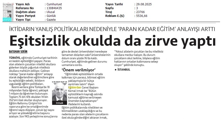 Eşitsizlik Okulda da Zirve Yaptı / Cumhuriyet