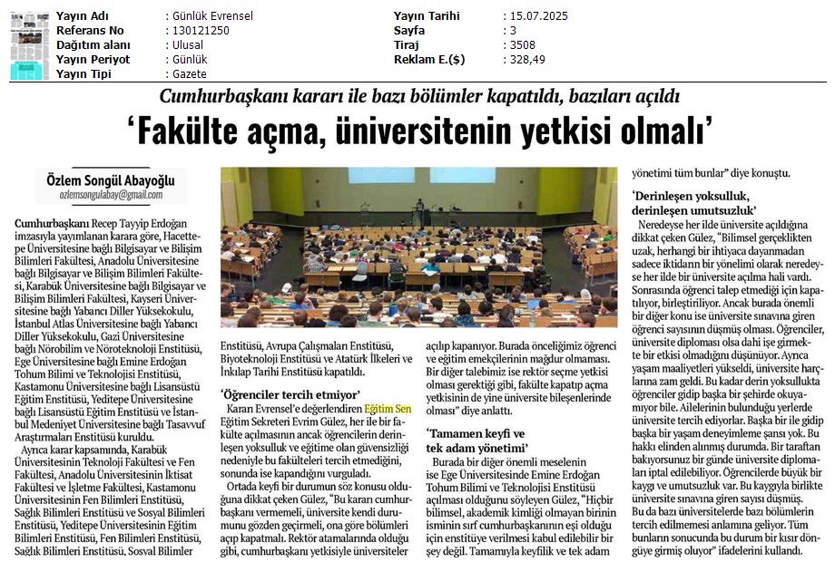 'Fakülte Açma, Üniversitenin Yetkisi Olmalı' / Evrensel