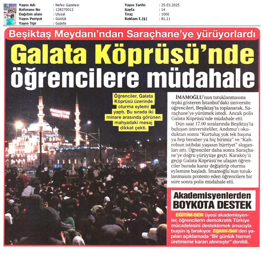 Galata Köprüsü'nde Öğrencilere Müdahale / Nefes Gazetesi