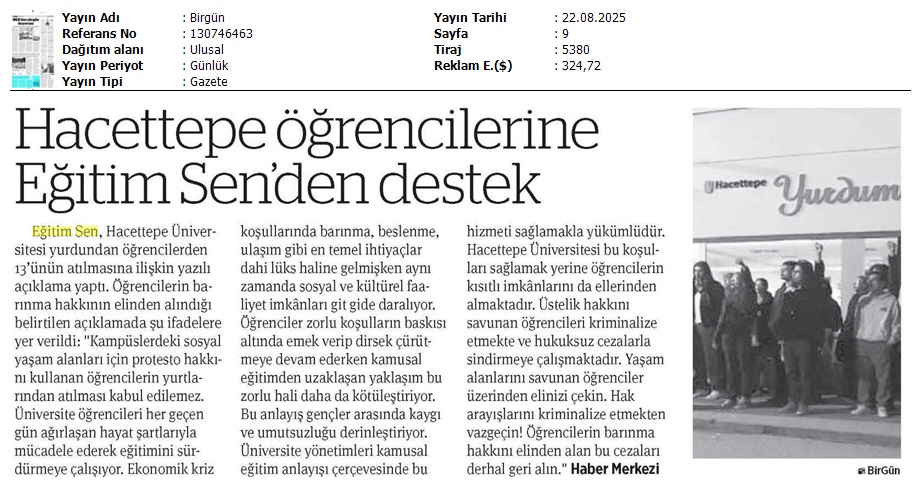 Hacettepe Öğrencilerine Eğitim Sen'den Destek / Birgün