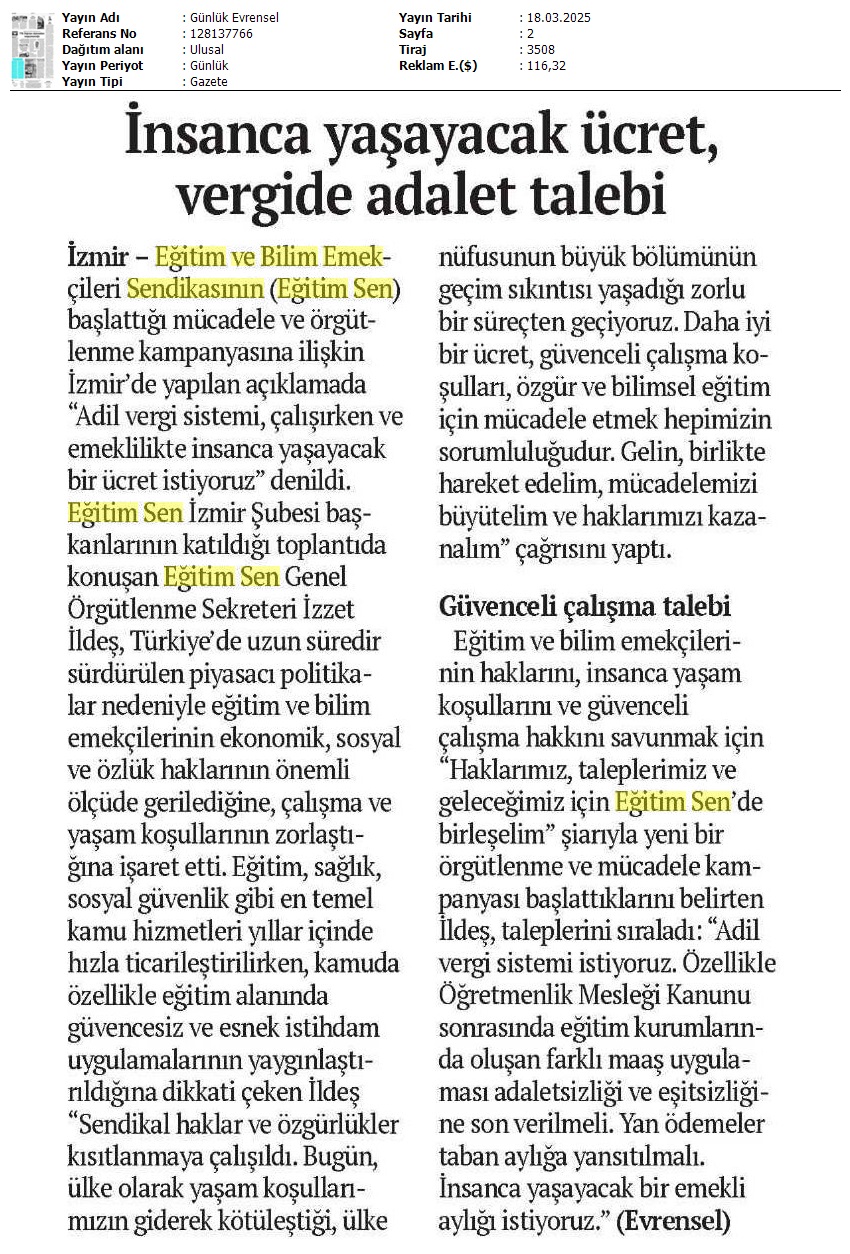 İnsanca Yaşayacak Ücret, Vergide Adalet Talebi / Evrensel
