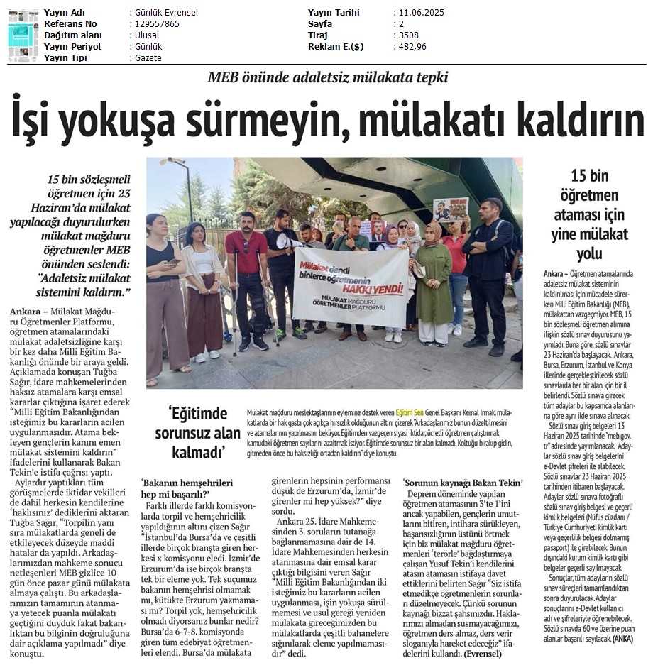 İşi Yokuşa Sürmeyin, Mülakatı Kaldırın / Evrensel