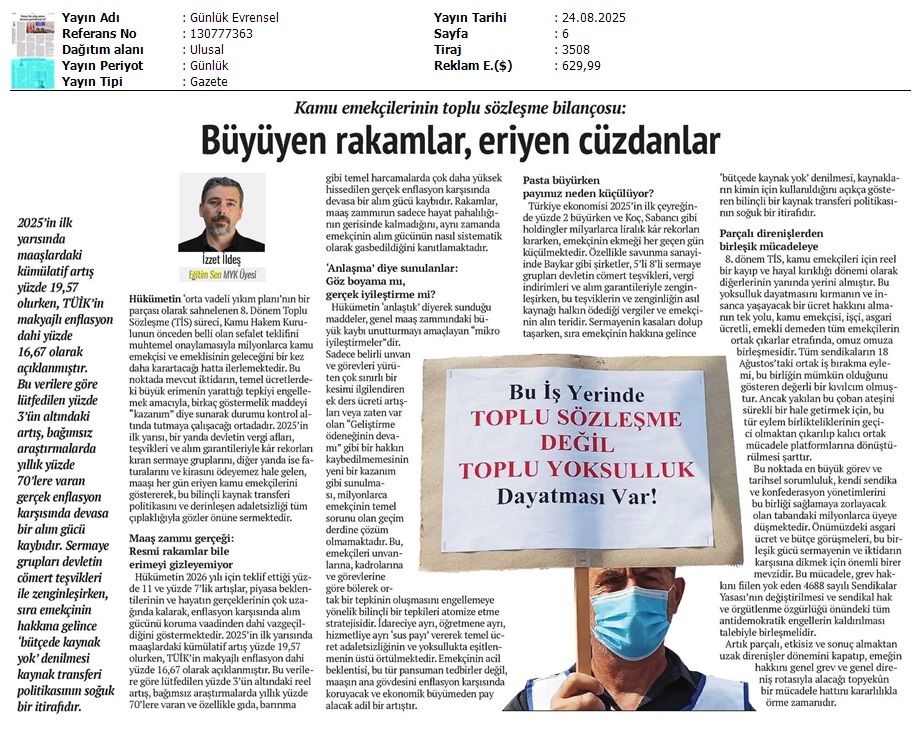 Kamu Emekçilerinin Toplu Sözleşme Bilançosu: Büyüyen Rakamlar, Eriyen Cüzdanlar / Evrensel