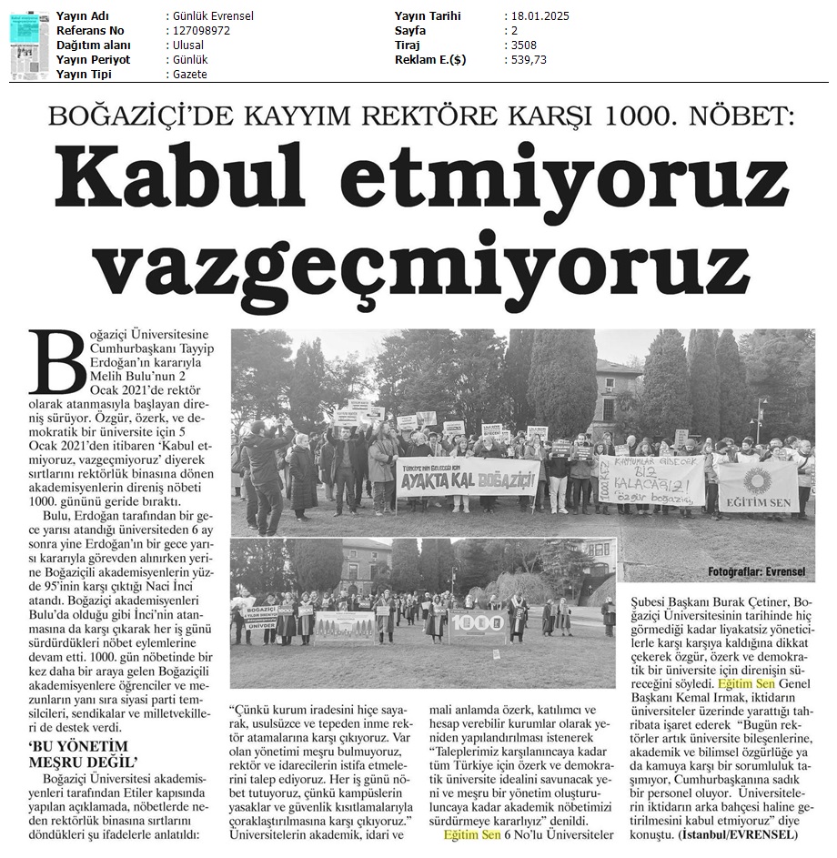 Kayyım Rektöre Karşı 1000. Nöbet / Evrensel