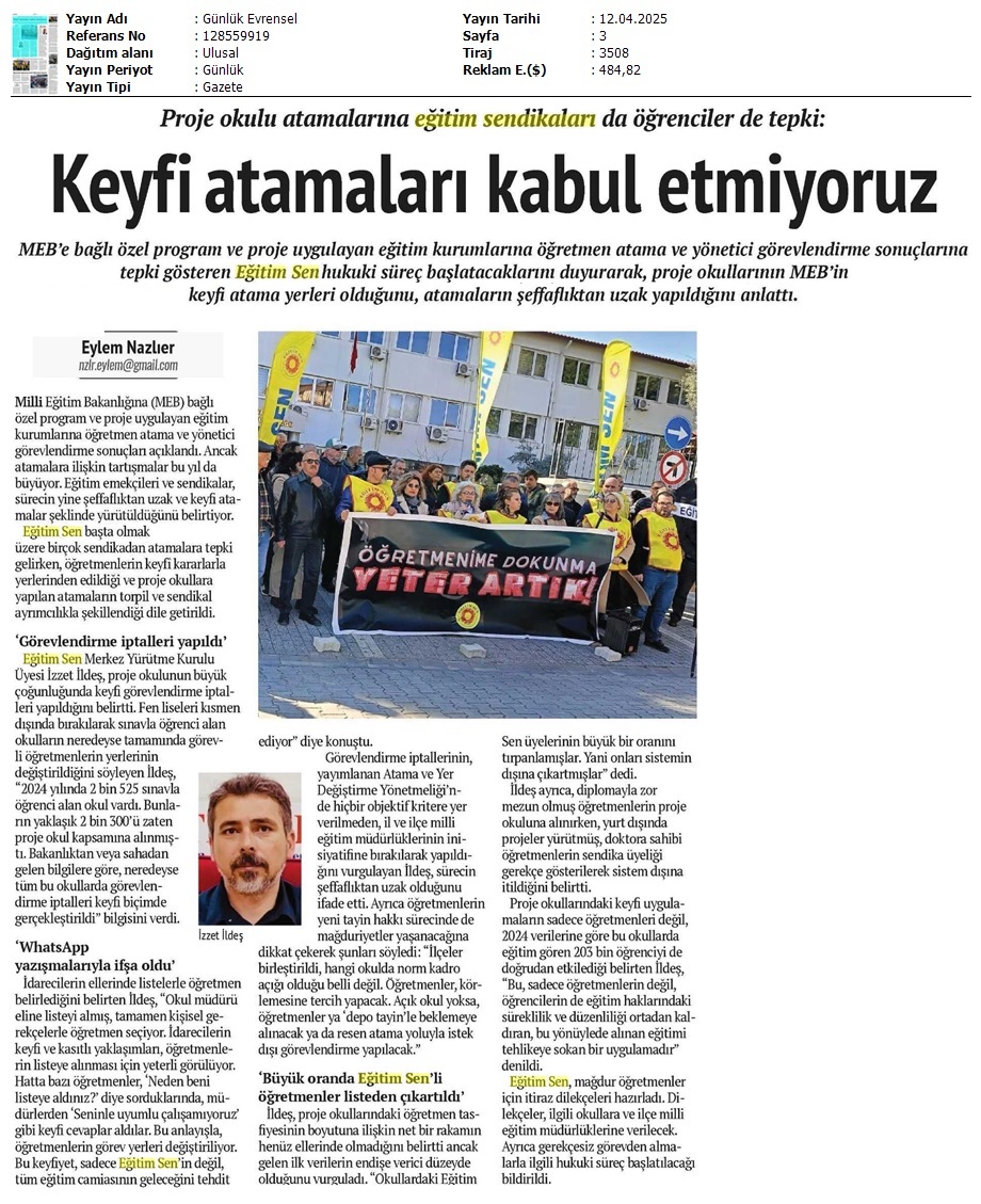 Keyfi Atamaları Kabul Etmiyoruz / Evrensel