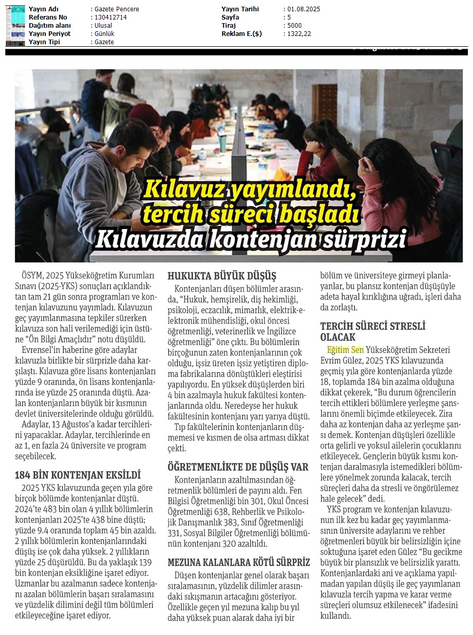 Kılavuz Yayımlandı, Tercih Süreci Başladı / Gazete Pencere