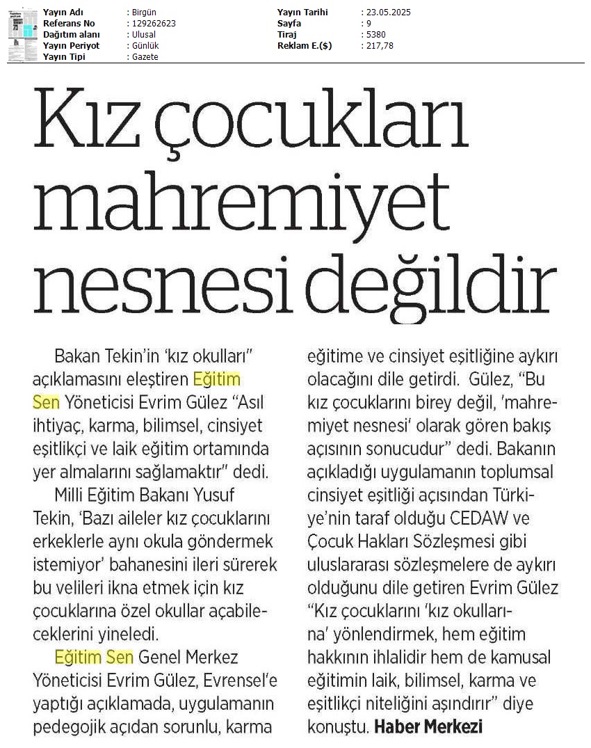 Kız Çocukları Mahremiyet Nesnesi Değildir / Birgün