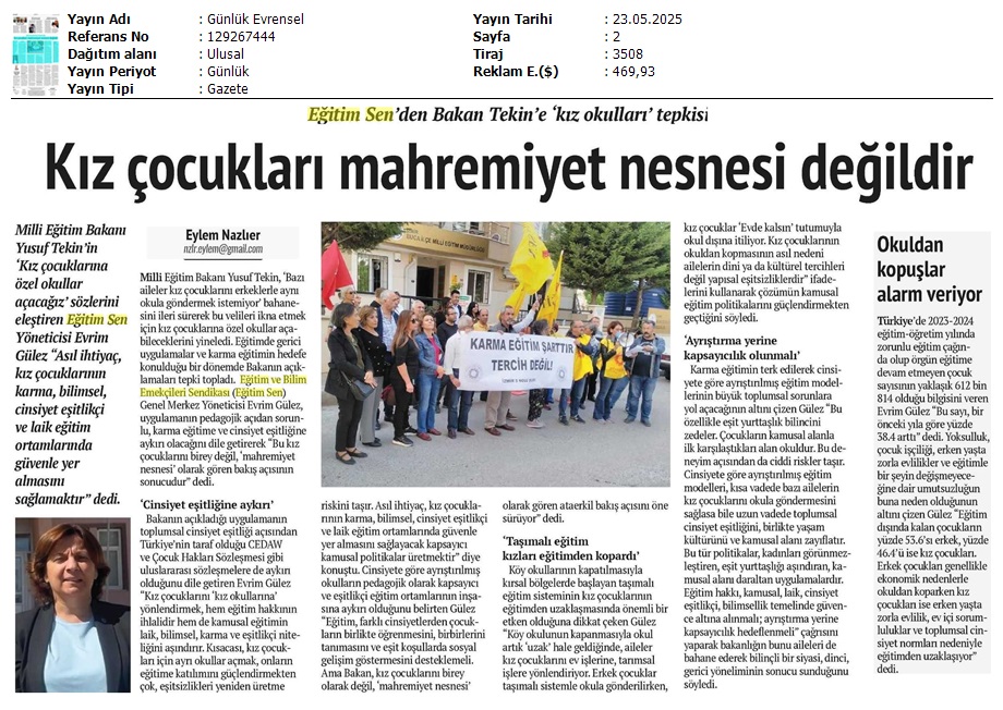 Kız Çocukları Mahremiyet Nesnesi Değildir / Evrensel