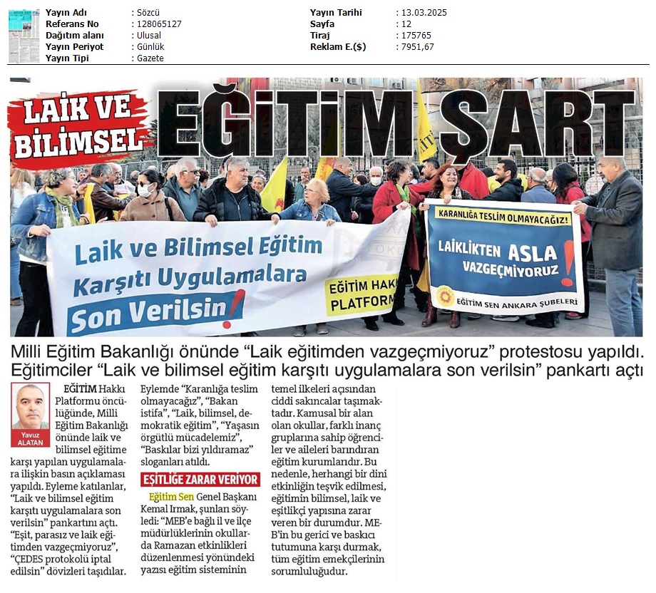 Laik ve Bilimsel Eğitim Şart / Sözcü