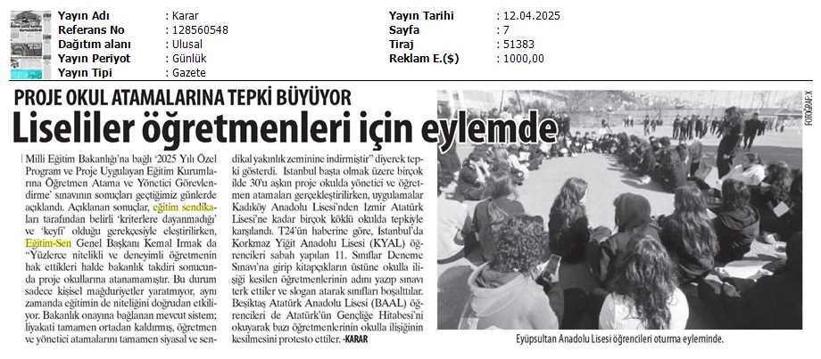 Liseliler Öğretmenleri İçin Eylemde / Karar
