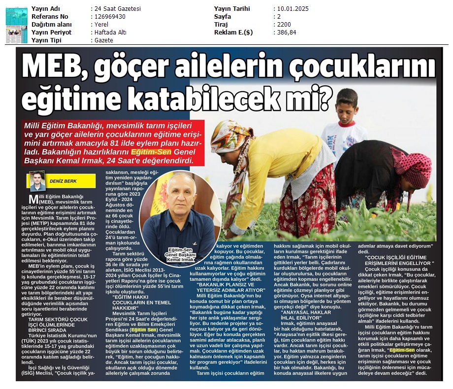 MEB, Göçer Ailelerin Çocuklarını Eğitime Katabilecek mi? / 24 Saat Gazetesi