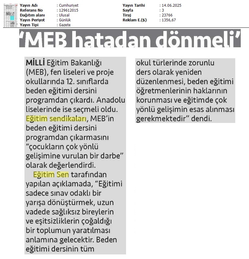 "MEB Hatadan Dönmeli" / Cumhuriyet