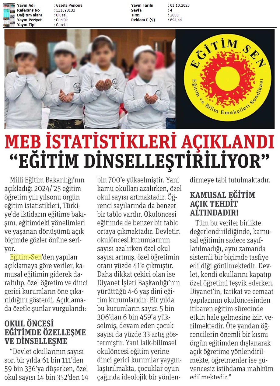 MEB İstatistikleri Açıklandı "Eğitim Dinselleştiriliyor" / Gazete Pencere