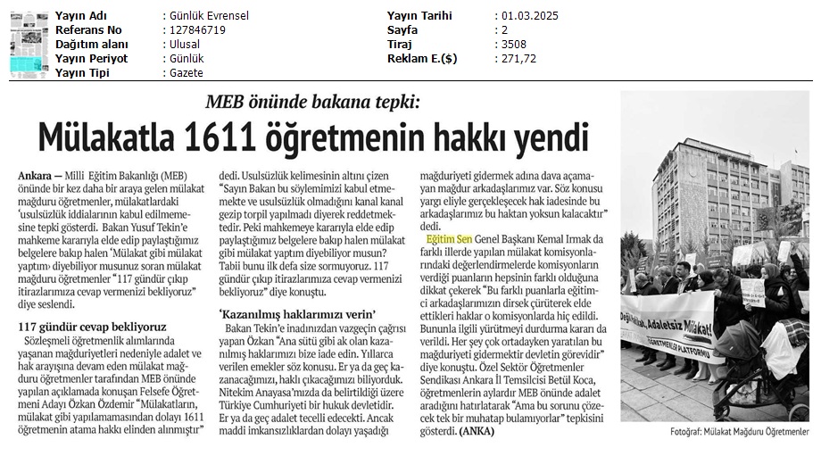 MEB Önünde Bakana Tepki: Mülakatla 1611 Öğretmenin Hakkı Yendi / Evrensel