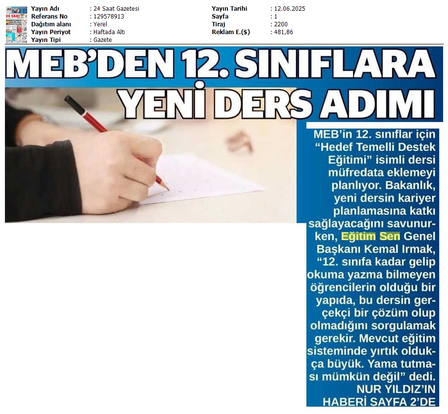 MEB'den 12. Sınıflara Yeni Ders Adımı / 24 Saat Gazetesi
