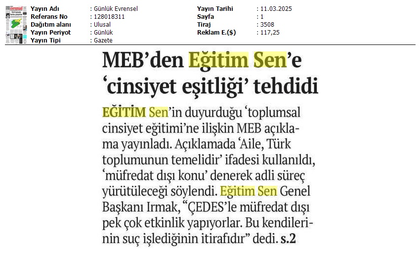 MEB'den Eğitim Sen'e 'Cinsiyet Eşitliği' Tehdidi / Evrensel