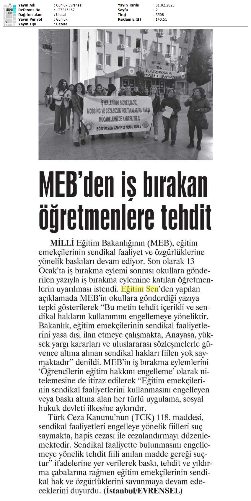 MEB'den İş Bırakan Öğretmenlere Tehdit / Evrensel