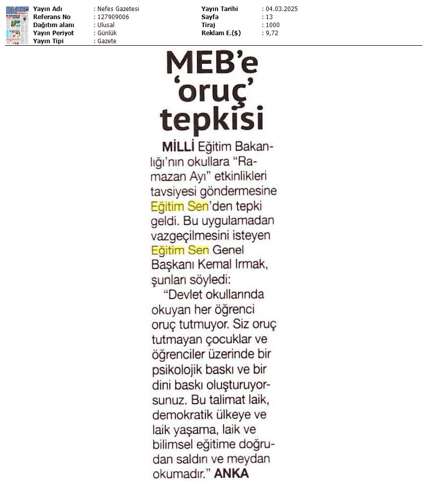 MEB'e 'Oruç' Tepkisi / Nefes Gazetesi
