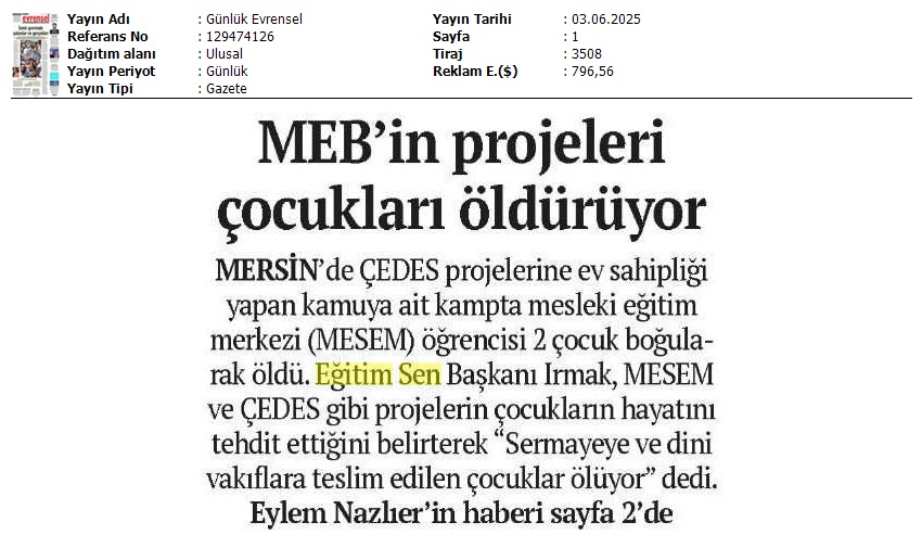 MEB'in Projeleri Çocukları Öldürüyor / Evrensel