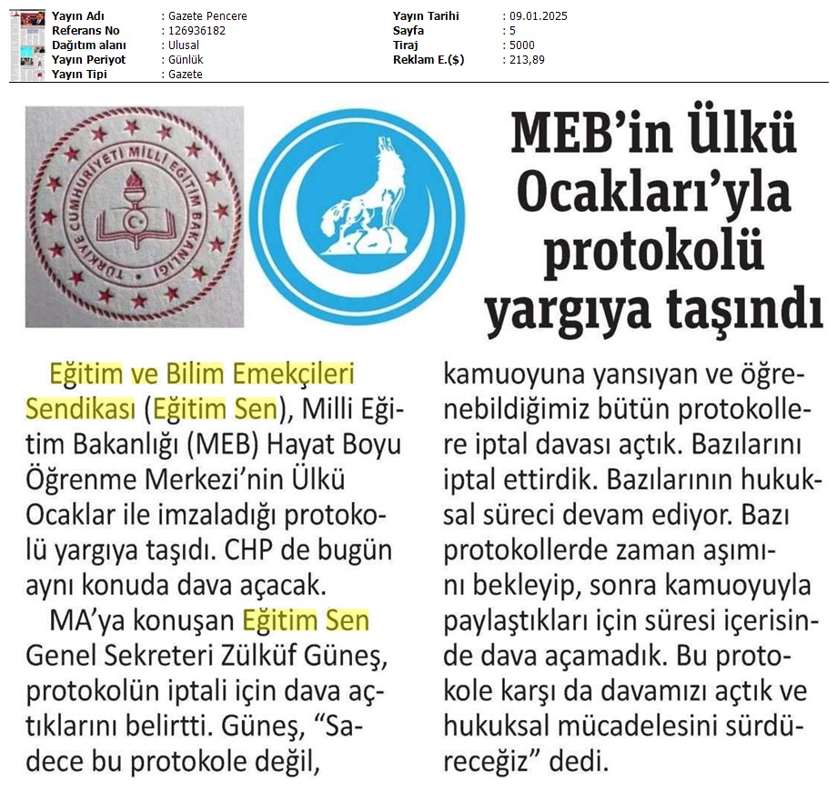 MEB’in Ülkü Ocakları Protokolü Yargıya Taşındı / Gazete Pencere