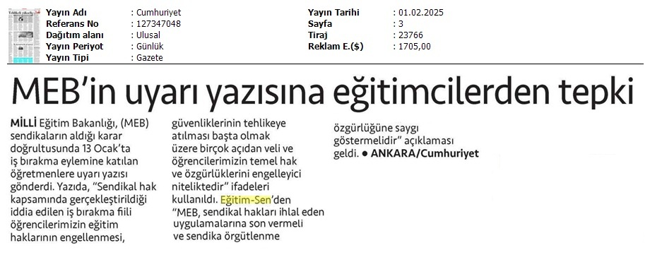 MEB'in Uyarı Yazısına Eğitimcilerden Tepki / Cumhuriyet