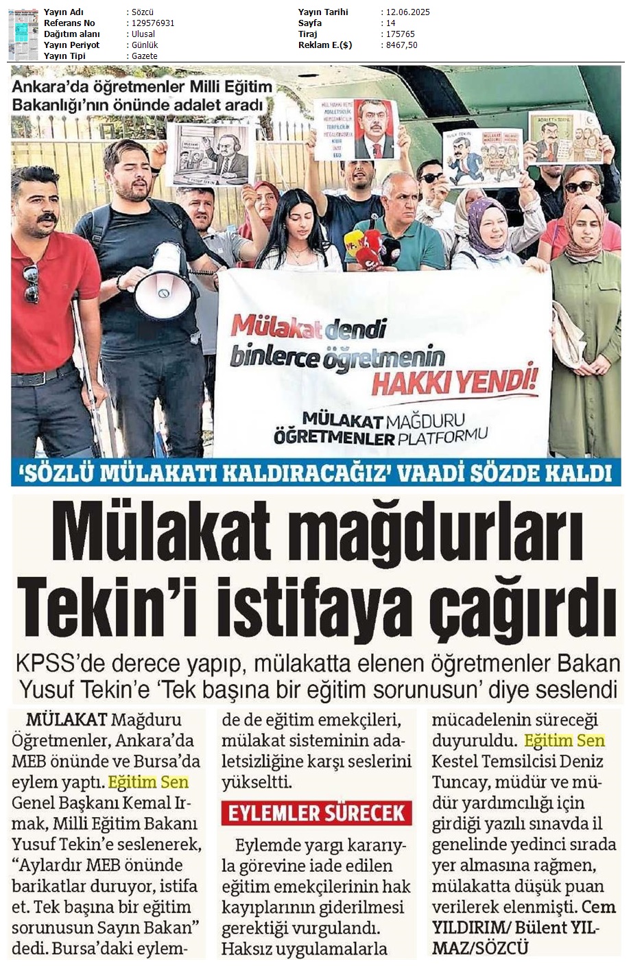 Mülakat Mağdurları Tekin'i İstifaya Çağırdı / Sözcü