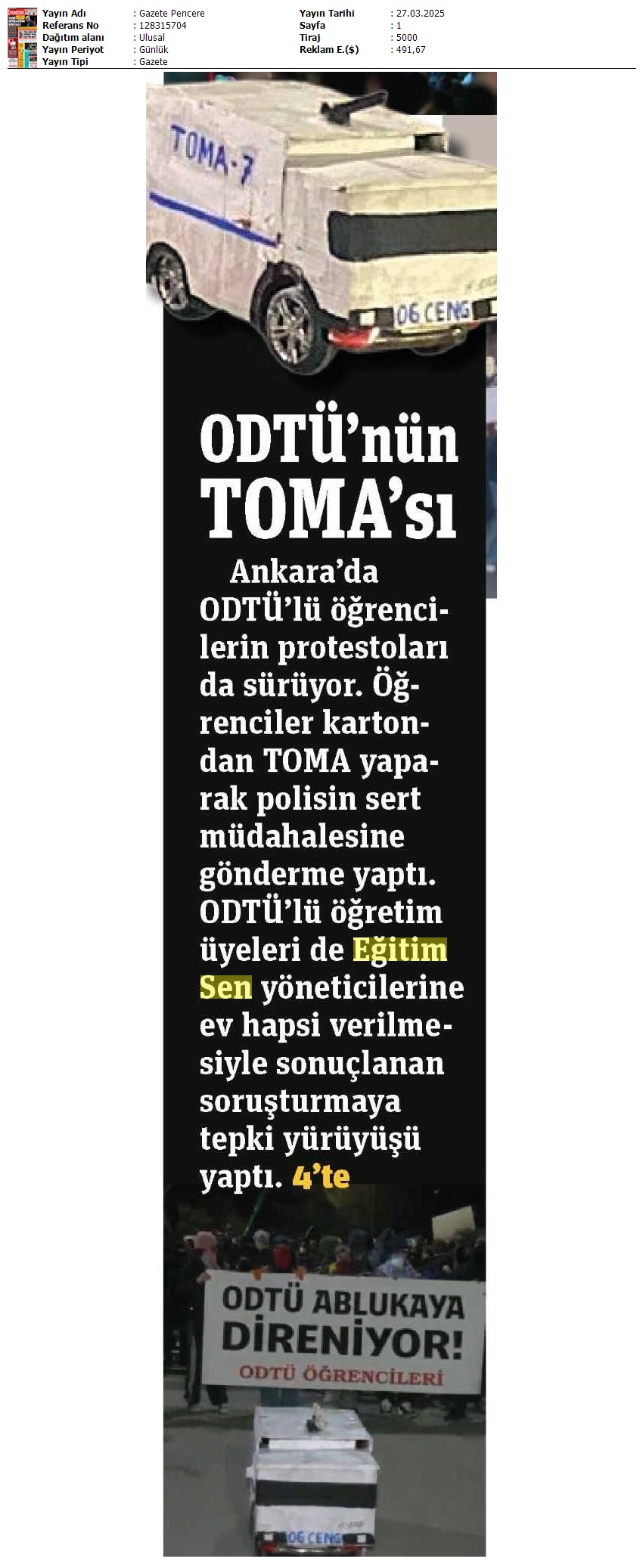 ODTÜ'nün TOMA'sı / Gazete Pencere