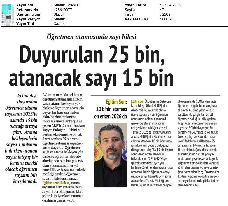 Öğretmen Atamasında Sayı Hilesi / Evrensel