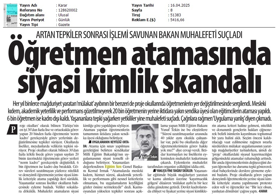 Öğretmen Atamasında Siyasi Kimlik Skandalı / Karar