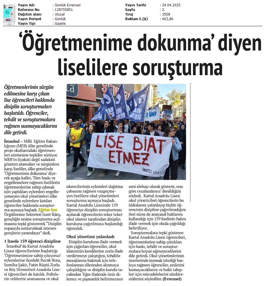 'Öğretmenime Dokunma' Diyen Liselilere Soruşturma / Evrensel