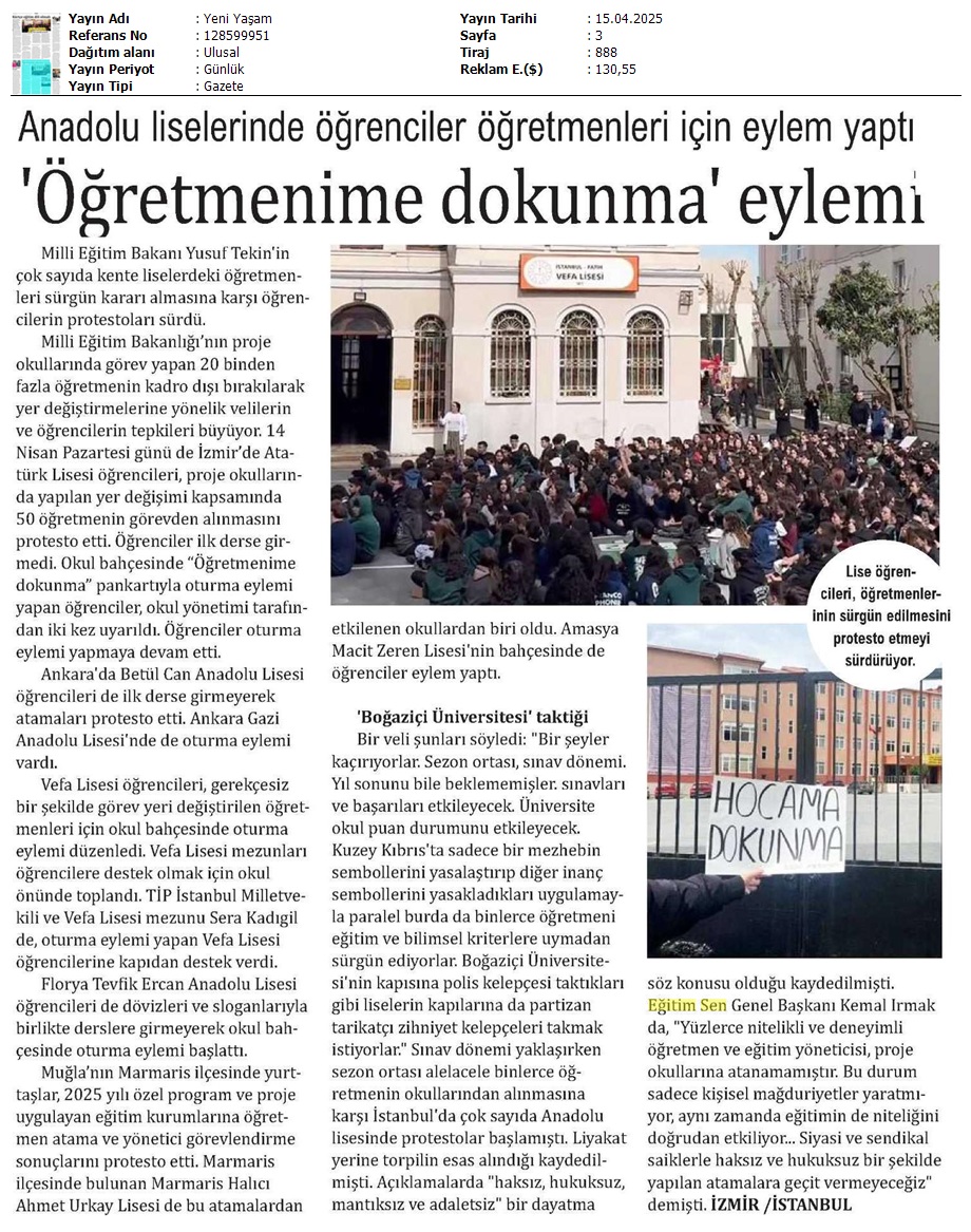 'Öğretmenime Dokunma' Eylemi / Yeni Yaşam