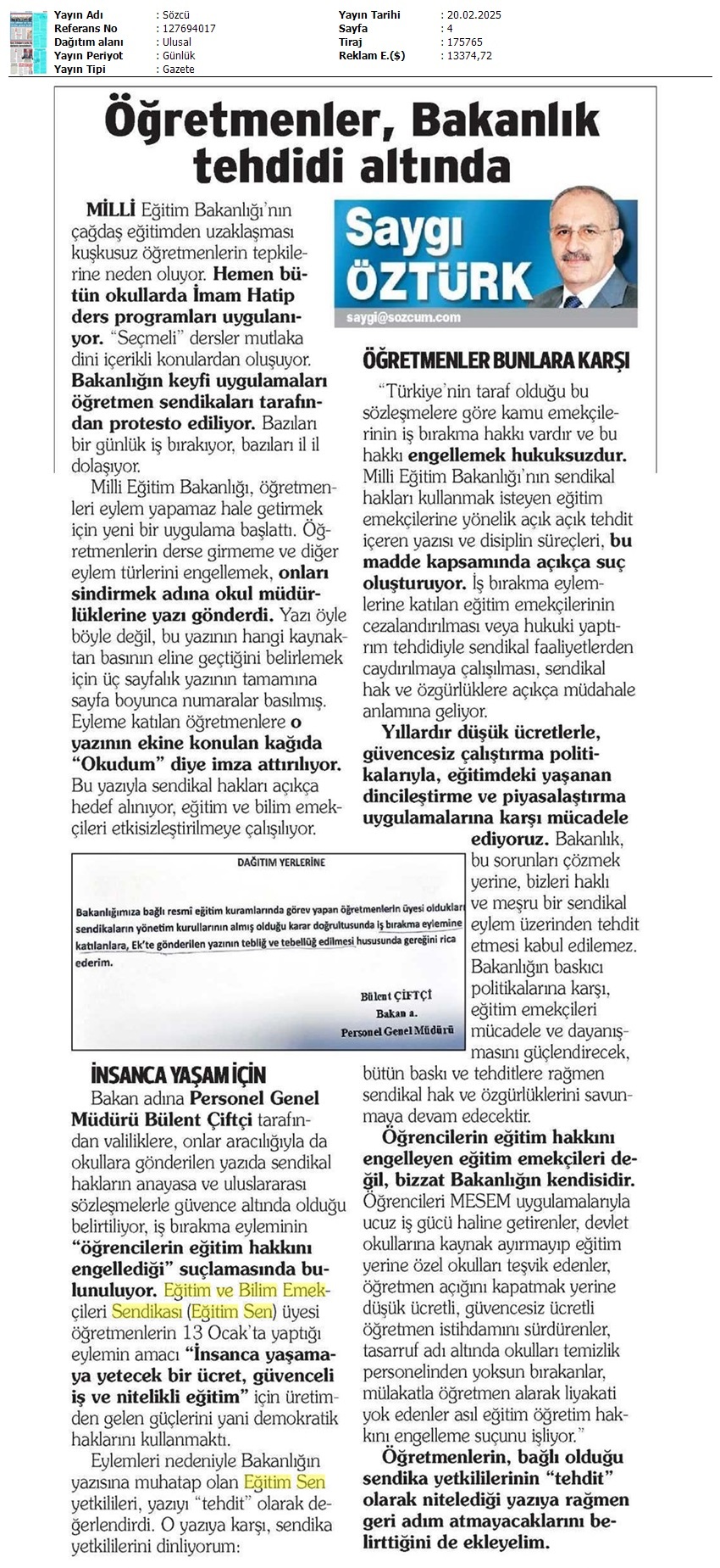Öğretmenler, Bakanlık Tehdidi Altında / Sözcü