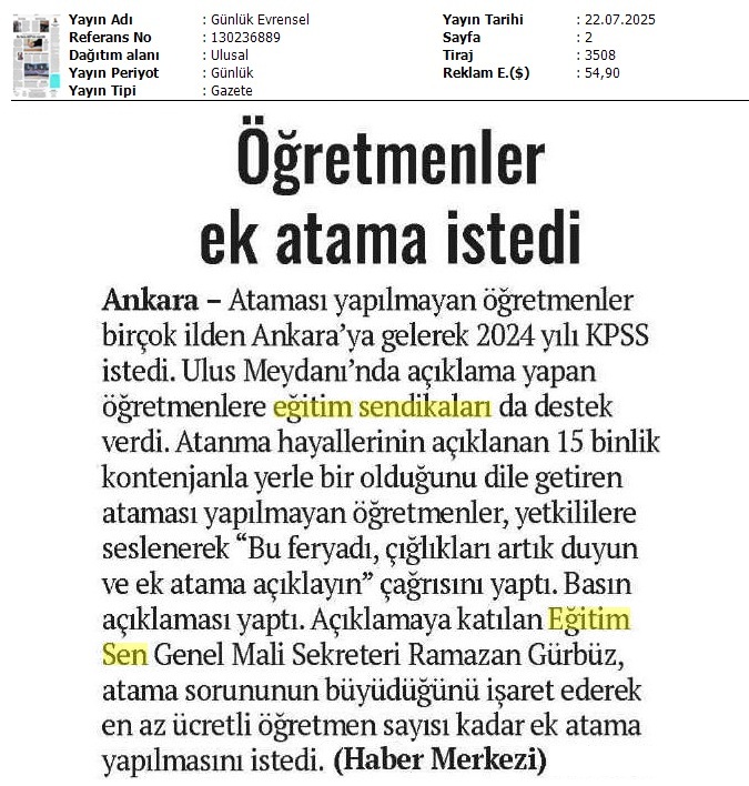 Öğretmenler Ek Atama İstedi / Evrensel