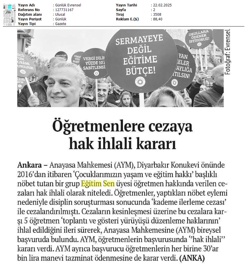 Öğretmenlere Cezaya Hak İhlali Kararı / Evrensel