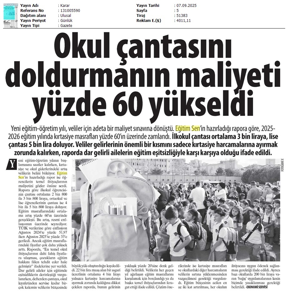 Okul Çantasını Doldurmanın Maliyeti Yüzde 60 Yükseldi / Karar