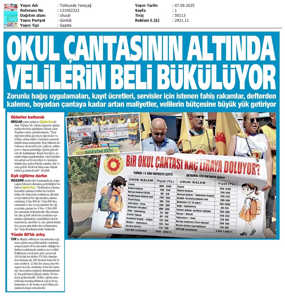 Okul Çantasının Altında Velilerin Beli Bükülüyor / Türkiye'de Yeniçağ