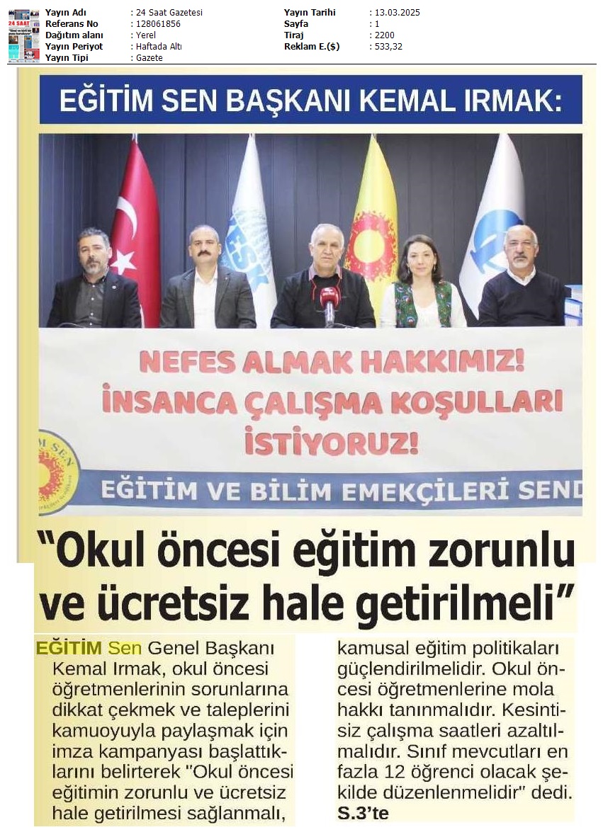 "Okul Öncesi Eğitim Zorunlu ve Ücretsiz Hale Getirilmeli" / 24 Saat Gazetesi