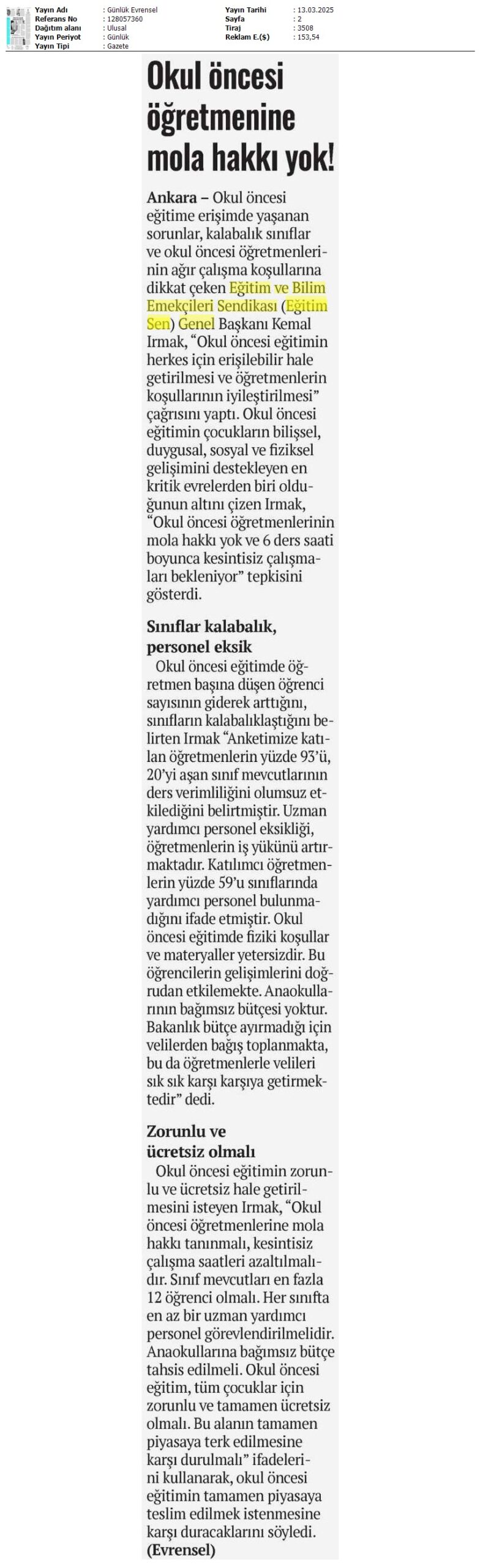 Okul Öncesi Öğretmenine Mola Hakkı Yok / Evrensel