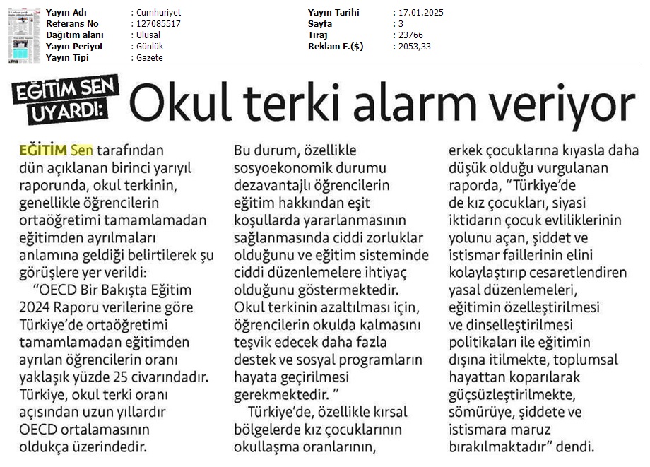 Okul Terki Alarm Veriyor / Cumhuriyet